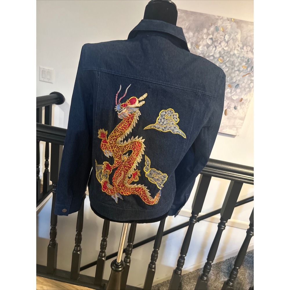 Joseph Ribkoff Dragon Embroidered Denim Jacket Dark Wash Indigo 4E1070 Medium